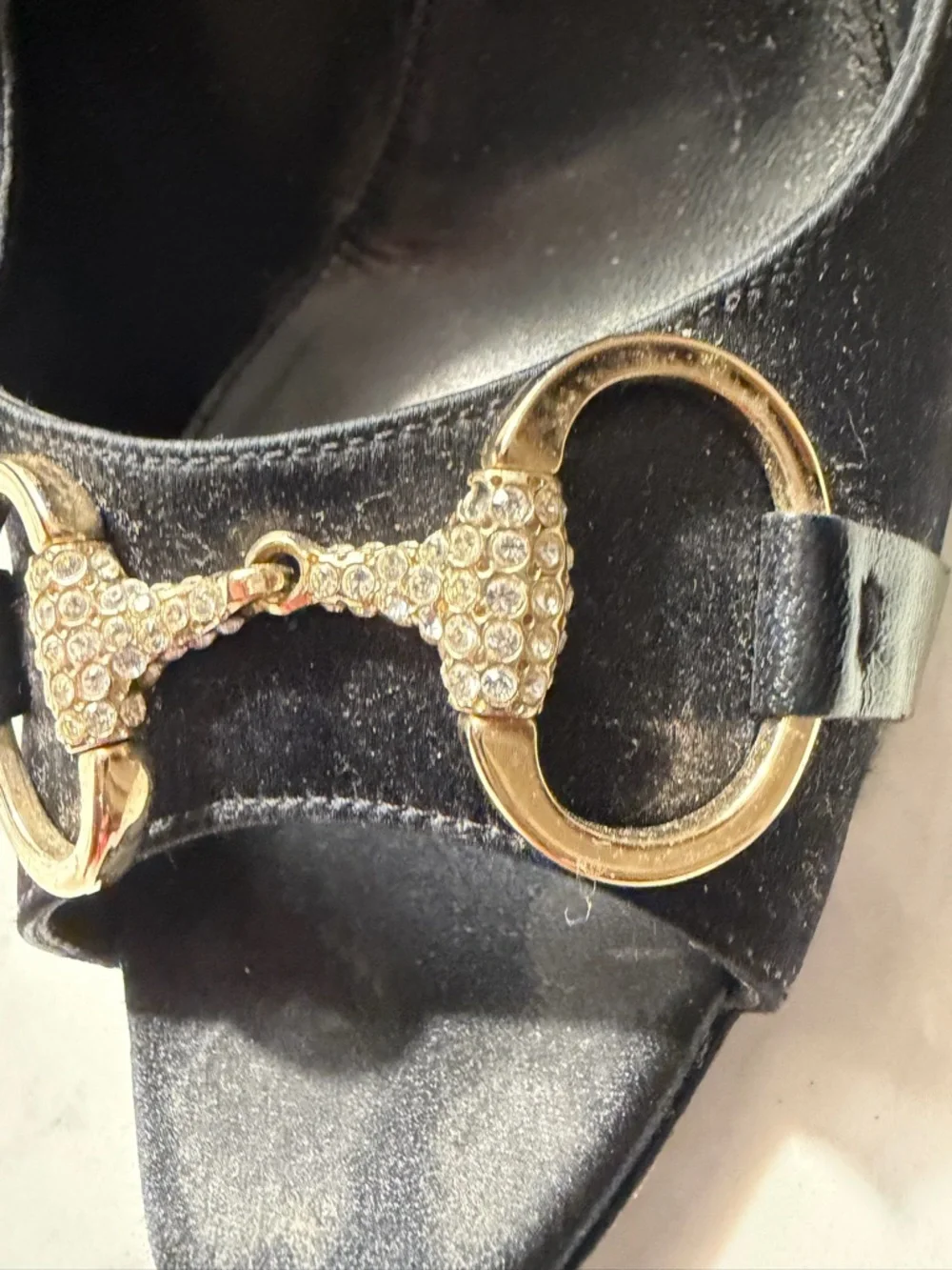 Gucci Black Open-Toe Stiletto Heels with Crystal-Embellished Horsebit - Picture 8 of 9